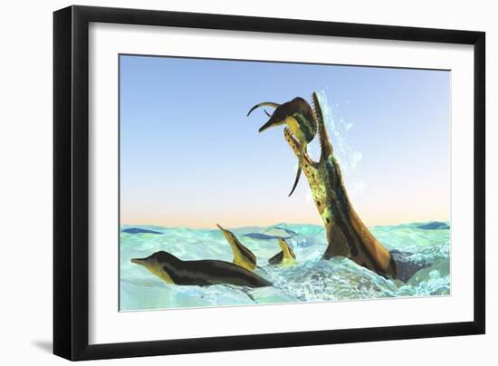 Kronosaurus, Attacks a Pod of Dolichorhynchops in Cretaceous Seas-null-Framed Art Print