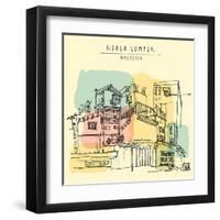 Kuala Lumpur, Malaysia. Casual View of Buildings in China Town. Travel Postcard Template with Kuala-babayuka-Framed Art Print