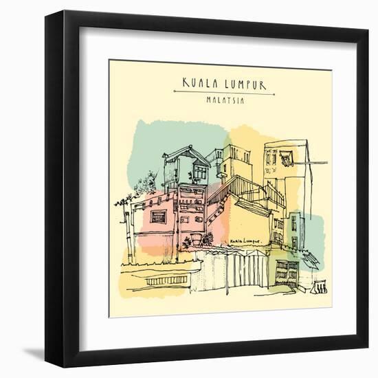 Kuala Lumpur, Malaysia. Casual View of Buildings in China Town. Travel Postcard Template with Kuala-babayuka-Framed Art Print