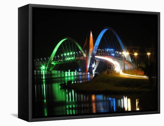 Kubitschek Bridge At Night With Colored Lighting-ccalmons-Framed Stretched Canvas