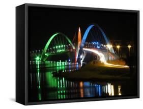 Kubitschek Bridge At Night With Colored Lighting-ccalmons-Framed Stretched Canvas