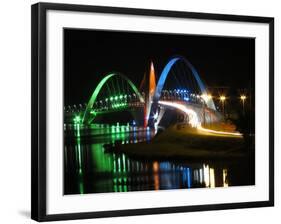 Kubitschek Bridge At Night With Colored Lighting-ccalmons-Framed Premium Photographic Print