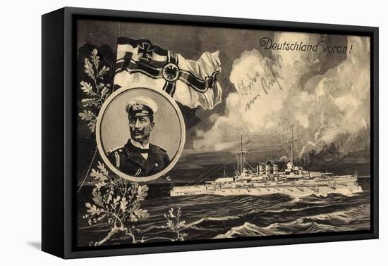 Künstler Ak Deutschland Voran, Kriegsschiff, Kaiser Wilhelm II, Patriotik-German photographer-Framed Stretched Canvas