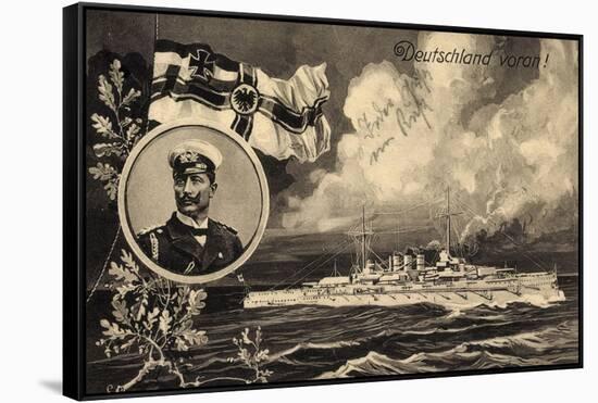 Künstler Ak Deutschland Voran, Kriegsschiff, Kaiser Wilhelm II, Patriotik-German photographer-Framed Stretched Canvas