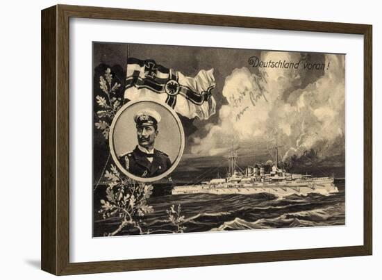 Künstler Ak Deutschland Voran, Kriegsschiff, Kaiser Wilhelm II, Patriotik-German photographer-Framed Photographic Print