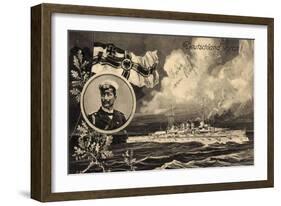 Künstler Ak Deutschland Voran, Kriegsschiff, Kaiser Wilhelm II, Patriotik-German photographer-Framed Photographic Print