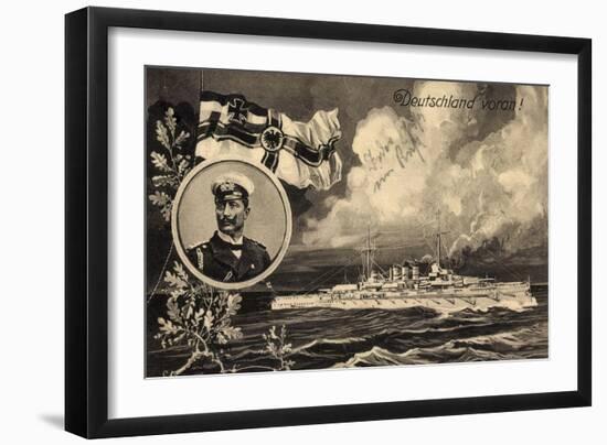 Künstler Ak Deutschland Voran, Kriegsschiff, Kaiser Wilhelm II, Patriotik-German photographer-Framed Photographic Print