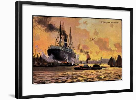 Künstler Evening in Harbour, Steamer, Boats-null-Framed Giclee Print