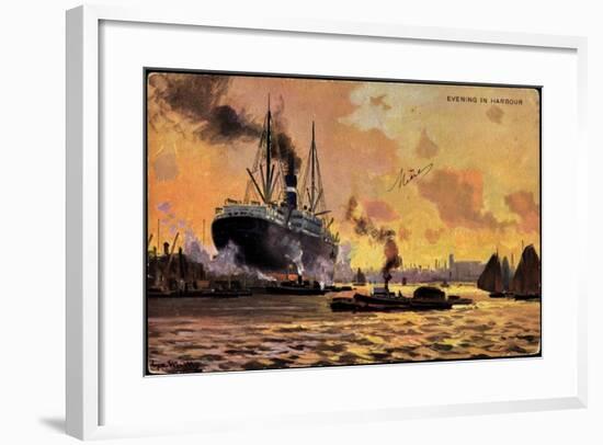 Künstler Evening in Harbour, Steamer, Boats-null-Framed Giclee Print