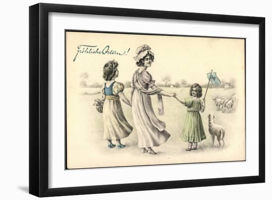 Künstler Fröhliche Ostern, Mädchen, Lämmer, Korb-null-Framed Giclee Print