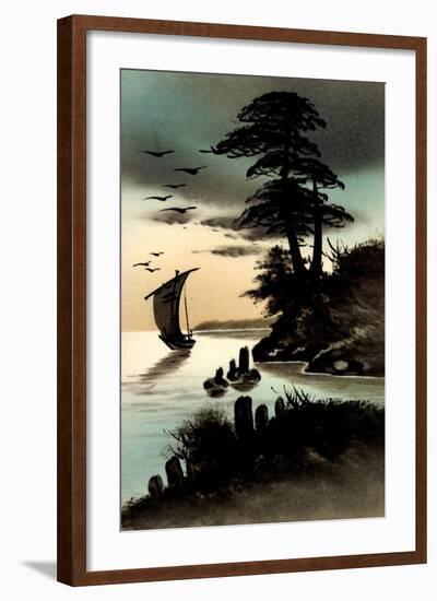 Künstler Handgemalt, Japanische Landschaft, Boot-null-Framed Giclee Print