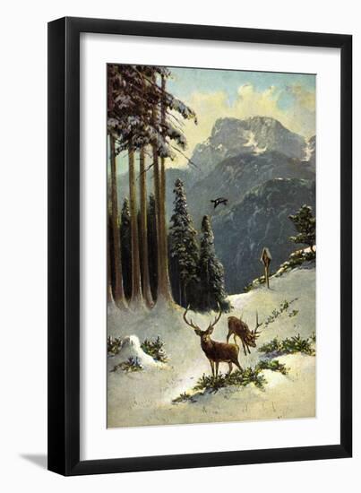 Künstler Müller, Hirsche Grasen Im Wald, Winter, Schnee, Wildgans-null-Framed Giclee Print