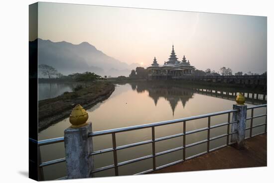 Kyauk Kalap Buddhist Temple in the Middle of a Lake at Sunrise, Hpa An, Kayin State (Karen State)-Matthew Williams-Ellis-Stretched Canvas