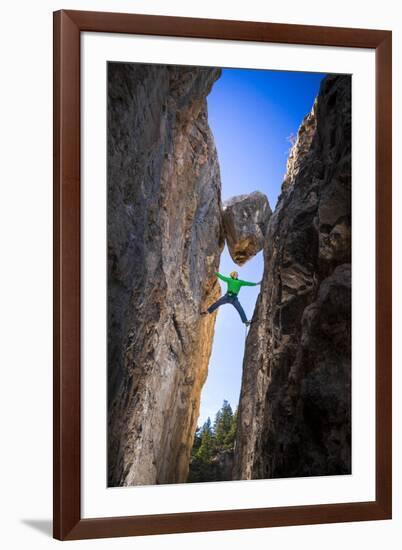 Kyle Vassilopoulos Having Fun Climbing Below A Large Chock Stone Slot Canyon At Natural Bridge SP-Ben Herndon-Framed Photographic Print