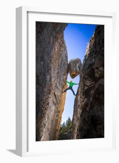 Kyle Vassilopoulos Having Fun Climbing Below A Large Chock Stone Slot Canyon At Natural Bridge SP-Ben Herndon-Framed Photographic Print