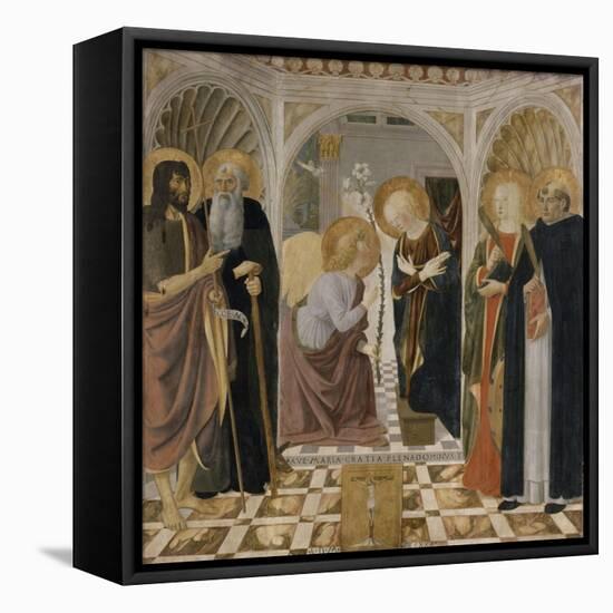 L'Annonciation et quatre saints. Avec saint Jean-Baptiste, saint Antoine, sainte Catherine et-Cosimo Rosselli-Framed Stretched Canvas