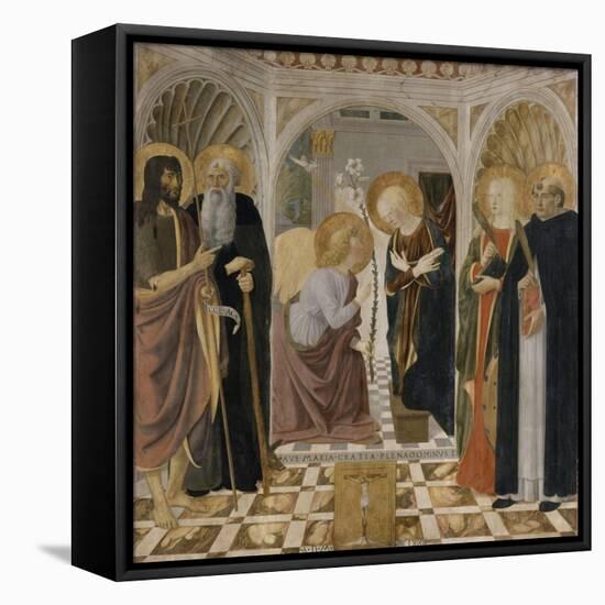 L'Annonciation et quatre saints. Avec saint Jean-Baptiste, saint Antoine, sainte Catherine et-Cosimo Rosselli-Framed Stretched Canvas