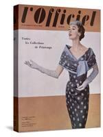 L'Officiel, April 1954 - Jacques Fath, Robe en Gaze Aléoutienne, Imprimée de Staron-Philippe Pottier-Stretched Canvas