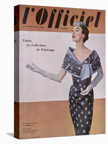 L'Officiel, April 1954 - Jacques Fath, Robe en Gaze Aléoutienne, Imprimée de Staron-Philippe Pottier-Stretched Canvas