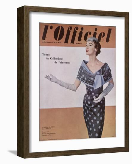 L'Officiel, April 1954 - Jacques Fath, Robe en Gaze Aléoutienne, Imprimée de Staron-Philippe Pottier-Framed Art Print