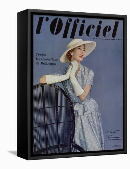 L'Officiel, April 1955 - Ensemble de Pierre Balmain en Twill de Ducharne-Philippe Pottier-Framed Stretched Canvas