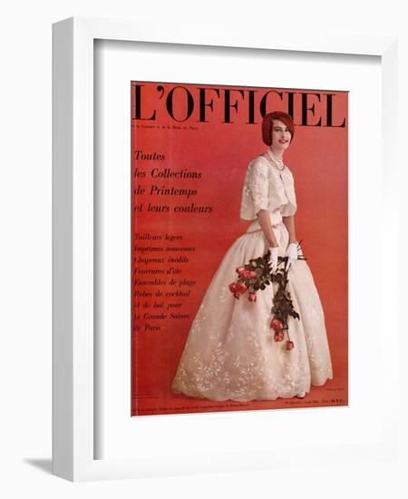 L'Officiel, April 1961 - Robe de Jacques Heim en Organdi de Coton Longfibre Brodé de Pierre Brivet-Roland de Vassal-Framed Art Print