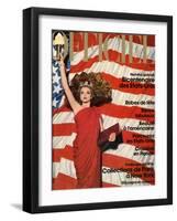 L'Officiel, December 1975 - Robe de Pierre Cardin en Crêpe Rouge d'Abraham, Bijoux de M. Gérard-Patrick Bertrand-Framed Art Print