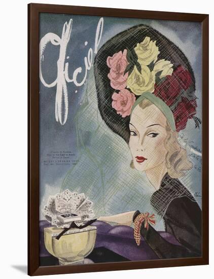 L'Officiel, February 1943 - Chapeau de Paulette, Bijou de Van Cleef et Arpels-Lbenigni-Framed Art Print