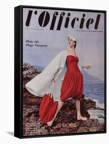 L'Officiel, June 1955 - Grès. Ensemble de Plage en Jersey de Rodier, Cape en Toile de Moreau-Philippe Pottier-Framed Stretched Canvas