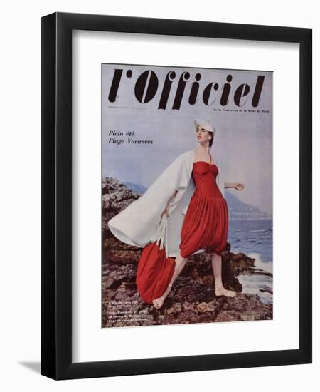 L'Officiel, June 1955 - Grès. Ensemble de Plage en Jersey de Rodier, Cape en Toile de Moreau-Philippe Pottier-Framed Art Print