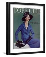 L'Officiel, March 1957 - Tailleur de Pierre Balmain en Cheviotte Poncho de Labbey-Philippe Pottier-Framed Art Print