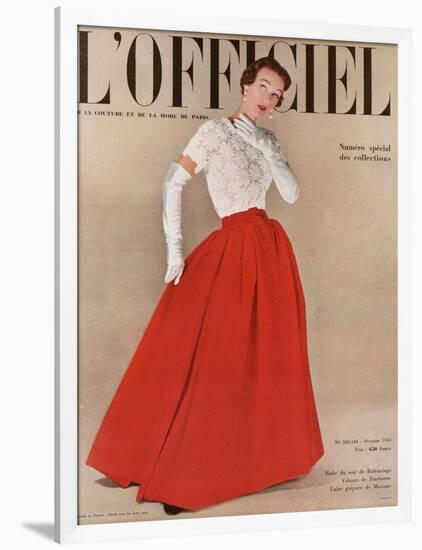 L'Officiel, October 1950 - Robe du Soir de Balenciaga, Velours de Ducharne, Laize Guipure de Maxime-Philippe Pottier-Framed Art Print