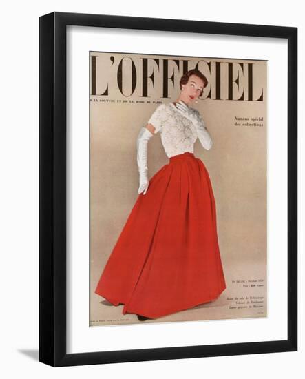 L'Officiel, October 1950 - Robe du Soir de Balenciaga, Velours de Ducharne, Laize Guipure de Maxime-Philippe Pottier-Framed Art Print