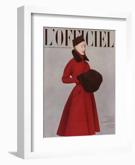 L'Officiel, October 1951 - Pierre Balmain, Redingote en Ratine de Rémond-Philippe Pottier-Framed Art Print