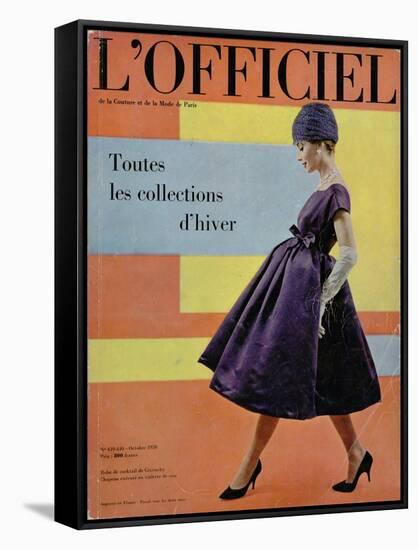 L'Officiel, October 1958 - Robe de Cocktail de Givenchy, Chapeau Exécuté en Voilette de Soie-Philippe Pottier-Framed Stretched Canvas