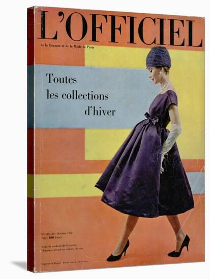 L'Officiel, October 1958 - Robe de Cocktail de Givenchy, Chapeau Exécuté en Voilette de Soie-Philippe Pottier-Stretched Canvas