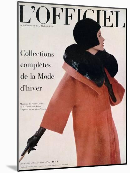 L'Officiel, October 1960 - Manteau de Pierre Cardin en Hebriz de Lesur Toque et Col en Vison Umpa-Arsac-Mounted Art Print