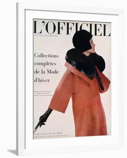 L'Officiel, October 1960 - Manteau de Pierre Cardin en Hebriz de Lesur Toque et Col en Vison Umpa-Arsac-Framed Art Print