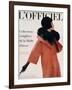 L'Officiel, October 1960 - Manteau de Pierre Cardin en Hebriz de Lesur Toque et Col en Vison Umpa-Arsac-Framed Art Print