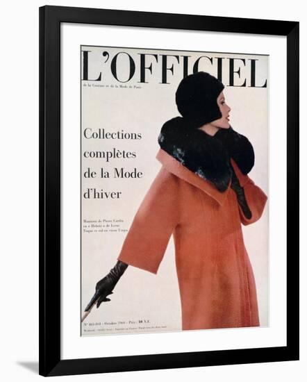 L'Officiel, October 1960 - Manteau de Pierre Cardin en Hebriz de Lesur Toque et Col en Vison Umpa-Arsac-Framed Art Print