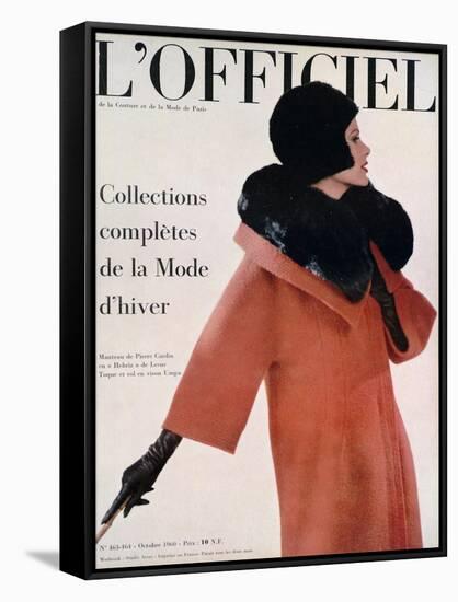 L'Officiel, October 1960 - Manteau de Pierre Cardin en Hebriz de Lesur Toque et Col en Vison Umpa-Arsac-Framed Stretched Canvas