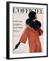 L'Officiel, October 1960 - Manteau de Pierre Cardin en Hebriz de Lesur Toque et Col en Vison Umpa-Arsac-Framed Art Print