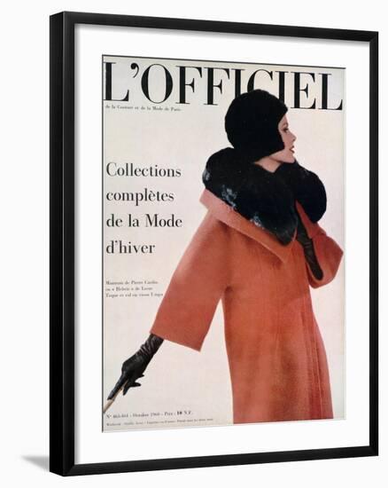 L'Officiel, October 1960 - Manteau de Pierre Cardin en Hebriz de Lesur Toque et Col en Vison Umpa-Arsac-Framed Art Print