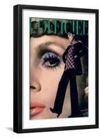 L'Officiel, October 1968 - Ensemble d'Yves-Saint Laurent en Jersey de Racine-Roland Bianchini-Framed Art Print