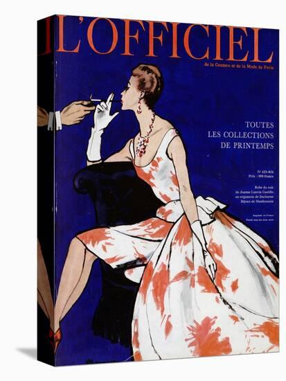 L'Officiel - Robe du Soir de Jean Lanvin Castillo en Organsoie de Ducharne, Bijoux de Mauboussin-Mourgue-Stretched Canvas