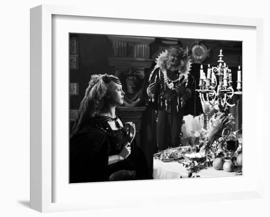 La Belle and la Bete by JeanCocteau with Josette Day and Jean Marais, 1946 (b/w photo)-null-Framed Photo