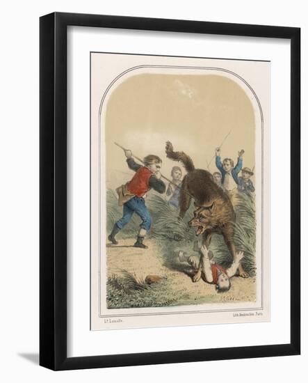 La Bete du Gevaudan Peasants Attack the Beast as It Stands Over Its Terrified Victim-Louis Lassalle-Framed Art Print