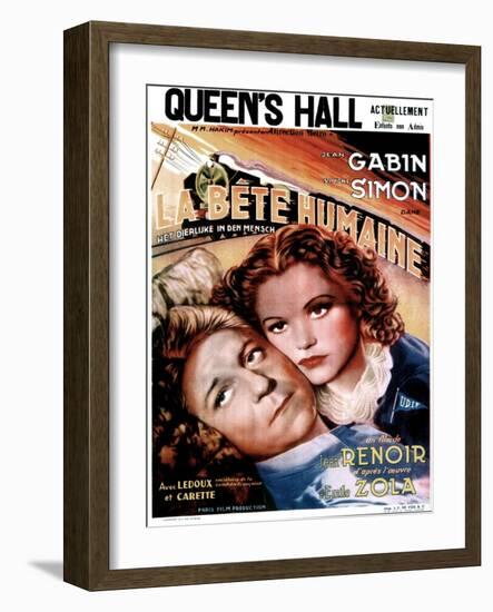 LA BETE HUMAINE, French poster, from left: Jean Gabin, Simone Simon, 1938.-null-Framed Art Print