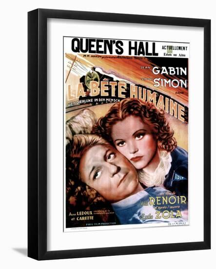 LA BETE HUMAINE, French poster, from left: Jean Gabin, Simone Simon, 1938.-null-Framed Art Print