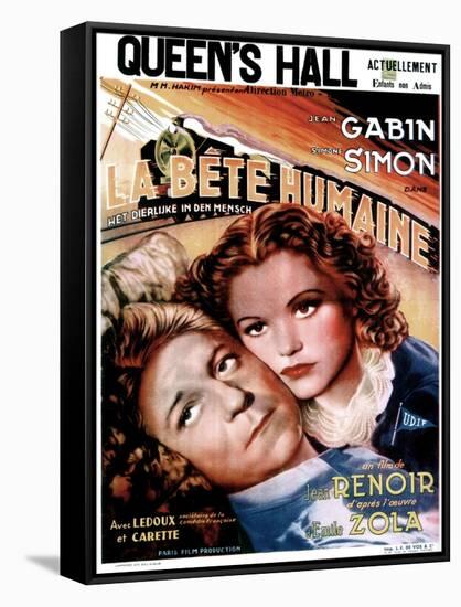 LA BETE HUMAINE, French poster, from left: Jean Gabin, Simone Simon, 1938.-null-Framed Stretched Canvas